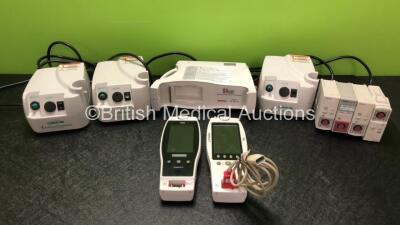 Mixed Lot Including 2 x Masimo Radical 7 Signal Pulse Oximeters with 1 x Base Unit and 1 x SpO2 Lead (Powers Up) 3 x Salter Aire Plus Compressors (All Power Up) 4 x Philips Press Modules (3 with Missing Covers-See Photos)