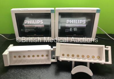 2 x Philips IntelliVue MP70 Touch Screen Patient Monitors (Both Power Up) with 2 x Philips M8048A Module Racks