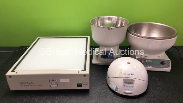 Mixed Lot Including 1 x UVP White Light Transilluminator (Powers Up) 1 x Stuart Water Bath (Powers Up) 1 x Buchi B-481 Water Bath (Untested Due to No Power Supply) and 1 x Eppendorf AG MiniSpin Unit (Powers Up)