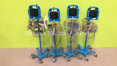 4 x GE ProCare Auscultatory Vital Signs Monitors on Stands with Selection of Cables (All Power Up) *S/N AAW07460056SA / AAW07450581SA / AAW07080389SA / AAW04330047SA*