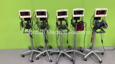 5 x Welch Allyn 52000 Series Patient Monitors on Stands with Selection of Leads (All Power Up) *S/N 200300397 / 20001236*