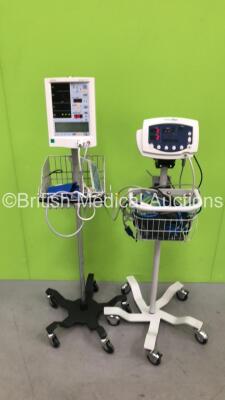 1 x Welch Allyn 53N00 Patient Monitor on Stand with SpO2 Lead and 1 x Mindray Accutorr Plus Patient Monitor with SpO2 Lead on Stand (Both Power Up) *JA038826 / A734282-C4*