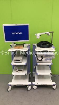 2 x Olympus Stack Trolleys with Olympus OEV261H Monitor, Olympus ECS-260 Connector Cable, Olympus MAJ-1154 Pigtail Connector, Olympus Evis Lucera CV-260SL Digital Processor, Olympus Evis Lucera CLV-260SL Light Source, Sony DVO-1000MD DVD Recorder and Sony