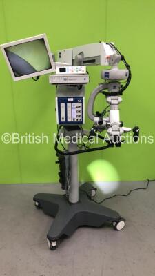 Zeiss OPMI Vario Dual Operated Surgical Microscope on Zeiss S8 Stand, 2 x Zeiss f170 Binoculars, 4 x Carl Zeiss 10x Eyepieces, Zeiss Medilive Trio, MediCapture MediCap USB200 and Footswitch (Powers Up with Good Bulb and Camera)