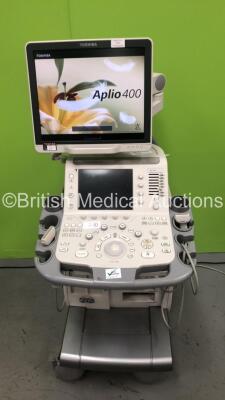 Toshiba Aplio 400 TUS-A400 Flat Screen Ultrasound Scanner *SN TDA13Y2209* **Mfd 11/2013** Software Version AB_V3.00*R005 with 2 x Transducers / Probes (PLT-805AT *Mfd 08/2006* and PLT-1204BT * Mfd 11/2020*) and Footswitch (Powers Up)