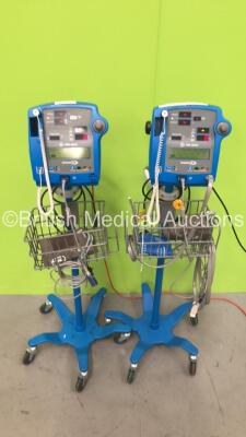 2 x GE Dinamap 400V2 Vital Signs Monitors on Stands with SPO2 Finger Sensors, BP Hoses and Cuffs (Both Power Up)