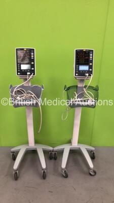 2 x Mindray Datascope Accutorr Plus Vital Signs Monitors on Stands with SPO2 Finger Sensors, BP Hoses and Cuffs (Both Power Up)