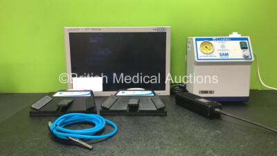 Mixed Lot Including 1 x NDS HD Radiance Monitor with 1 x AC Power Supply (Powers Up) 2 x ConMed Linvatec W100Zen Wireless Footswitches, 1 x ConMed LG1050 Light Cable, 1 x ConMed Sam 12 Medical Suction Unit (Powers Up with Missing Cup-See Photo) *SN 7453, 