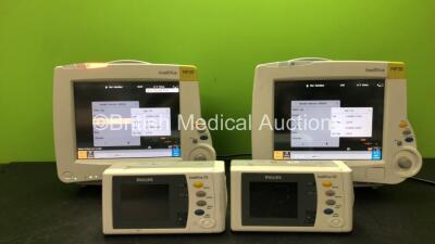 Job Lot Including 2 x Philips IntelliVue MP30 Patient Monitors *Mfd 2013, 2013* 2 x Philips IntelliVue X2 Handheld Patient Monitors *Mfd 2010, 2012* Including ECG, SpO2, NBP, Temp and Press Options with 2 x Philips M4607A Batteries (All Power Up)