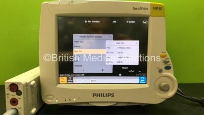 Philips IntelliVue MP30 Patient Monitor with 1 x Philips M3001A Module Opt A01C06 Including ECG, SpO2, NBP, Temp and Press Options with 2 x SpO2 Finger Sensors and 1 x 3 Lead ECG Lead (Powers Up) *SN DE9070AUJ6, DE728B1272* - 2