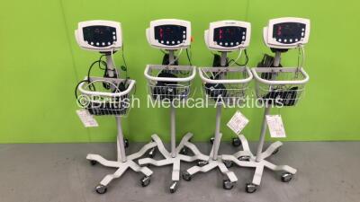 4 x Welch Allyn 53N00 Vital Signs Monitors on Stands with SPO2 Finger Sensors, BP Hoses and Cuffs (All Power Up) *W*