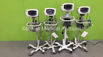 4 x Welch Allyn 53NT0 Vital Signs Monitors on Stands with SPO2 Finger Sensors, BP Hoses and Cuffs (All Power Up) *W*