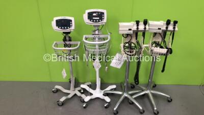 2 x Welch Allyn Otoscope / Ophthalmoscope Sets on Stands with 4 x Handpieces and 4 x Heads and 2 x Welch Allyn 53N00 Vital Signs Monitors on Stands (All Power Up) *S/N 80191 / JA102952*