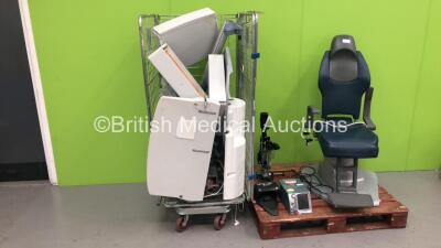 Meccanottica Mazze Ophthalmic Chair with Keeler Table, Haag Streit Bern SL 900 Slit Lamp with 2 x 10x Eyepieces, Tonometer and Quantel Medical Vitra Laser *Pallets* **S/N 25138*