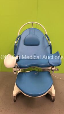 BorCad PPA-AB36 Birthing Bed with Controller, Stirrups and Attachments (Powers Up - Rip to Cushion - Damage to Plastic Trim - See Pictures)