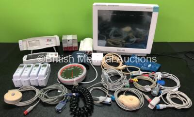 Job Lot Including 1 x Philips IntelliVue MP70 Patient Monitor (Powers Up) 1 x Philips M3001A Opt. A01C06 Gas Module with ECG, SpO2, NBP, Temp and Press Options, 1 x BP Meter with 2 x BP Cuffs, Various Patient Monitoring Cables, 1 x Omron NE-C803 Compresso