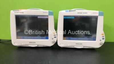 2 x Philips IntelliVue MP50 Anesthesia Monitors with 2 x Philips IntelliVue X2 Patient Monitors with Press, Temp, NBP, SPO2 and ECG Resp Options (All Power Up)