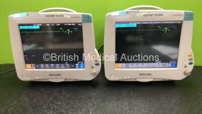 2 x Philips IntelliVue MP50 Anesthesia Monitors with 2 x Philips IntelliVue X2 Patient Monitors with Press, Temp, NBP, SPO2 and ECG Resp Options (All Power Up, 1 x MP50 with Damaged Screen - See Photo)