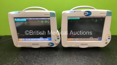 2 x Philips IntelliVue MP50 Patient Monitors with 2 x Philips IntelliVue X2 Patient Monitors with Press, Temp, NBP, SPO2 and ECG Resp Options (All Power Up, 1 x Missing Dial)