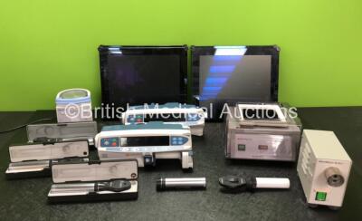 Mixed Lot Including 5 x Keeler Otoscope / Ophthalmoscope Handles with 4 x Attachments and 3 x Cases, 1 x Fisher & Paykel MR850AEK Respiratory Humidifier (Powers Up) 1 x Olympus MU-1 Leakage Tester (Powers Up with Damaged Power Button - See Photos) 4 x Neo