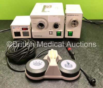 Job Lot Including 1 x Olympus CLK-4 Light Source Unit (No Power) 1 x Olympus MU-1 Leakage Tester (Powers Up) 1 x DFS-S Footswitch and 1 x Philmore ST-200 Step Up & Down Transformer (No Power)