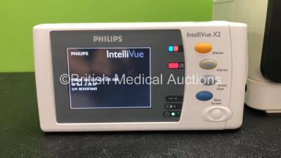 1 x Philips IntelliVue MX400 Patient Monitor Software Revision L.01.12 with 1 x Philips X2 Handheld Patient Monitor Including ECG, SpO2, NBP, Press and Temp Options Software Revision J.10.49 with 1 x Philips M4607A Battery (Both Power Up) - 3