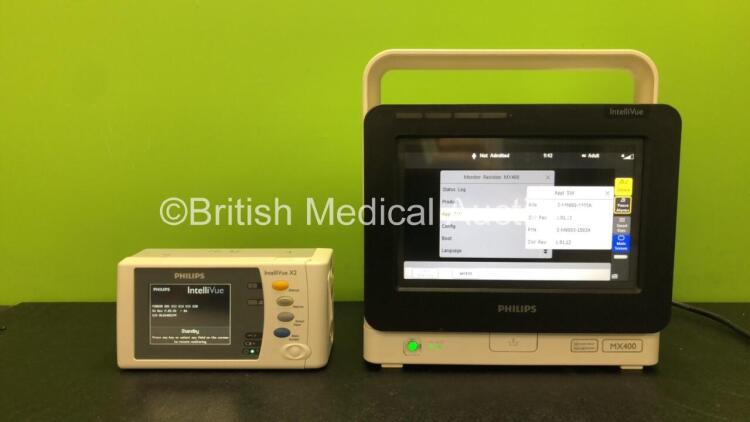 1 x Philips IntelliVue MX400 Patient Monitor Software Revision L.01.12 with 1 x Philips X2 Handheld Patient Monitor Including ECG, SpO2, NBP, Press and Temp Options Software Revision M.03.01 with 1 x Philips M4607A Battery (Both Power Up)