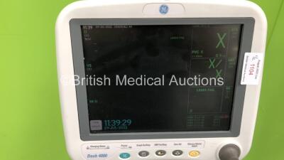 GE Dash 4000 Patient Monitor on Stand with BP1, BP2, SPO2, Temp/Co, NBP and ECG Options and 1 x Marquette Eagle 4000 Patient Monitor on Stand with ECG, Temp/Co, BP1, BP2, SPO2, Defib Sync and NBP Options with Selection of Leads (Both Power Up) *S/N DSH045 - 3