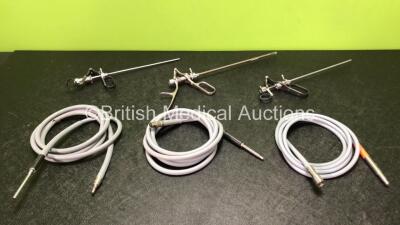 Mixed Lot Including 3 x Fibre Optic Light Source Cables (1 x Damaged Lead - See Photos) and 3 x Karl Storz Surgical Instruments (27040 E, 27077 A, 27040 D)