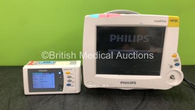 1 x Philips IntelliVue MP30 Patient Monitor (Powers Up, with Damaged Casing, Missing Dial and Scratched Screen-See Photos) 1 x Philips IntelliVue X2 Handheld Patient Monitor Including Press, Temp, NBP, SpO2 and ECG/Resp Options Software Revision J.10.53 w