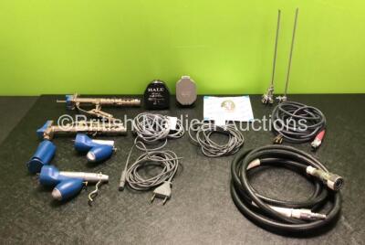 Job Lot Including 3 x Electrosurgical/Diathermy Cables, 2 x Hall Battery Housings, 2 x Karl Storz Cannulas, 1 x Fischer Cable, 1 x MA-7 Air Hose and Various Surgical Instruments