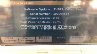 Philips Respironics V60 Ventilator on Stand Software Version 2.30 - Total Power On Hours 19740 (Powers Up) - 2