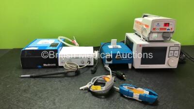 Mixed Lot Including 1 x Penlon AV900 Ventilator (No Power) 1 x GE enFlow Model 121 Fluid Warmer (Powers Up with Damage-See Photo) 1 x Tronic Liarre Ultrasonic Scaler with 1 x Handpiece (Powers Up with Missing Dial-See Photo) 1 x Huntleigh AC550 Pump (Powe