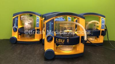 4 x Laerdal LSU Suction Units with 4 x Cups (3 Power Up, 1 No Power, 3 Cups with Missing Lids-See Photos)