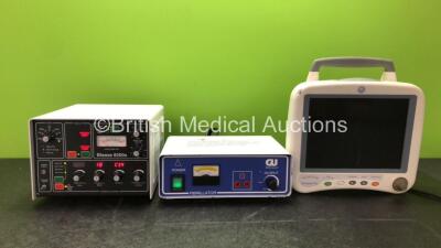 Mixed Lot Including 1 x Blease 8200s Ventilator (Powers Up) 1 x GU Medical GU3821 Fibrillator (Powers Up) 1 x GE Transport Pro Patient Monitor (Untested Due to Missing Power Supply with Damaged Casing-See Photo)