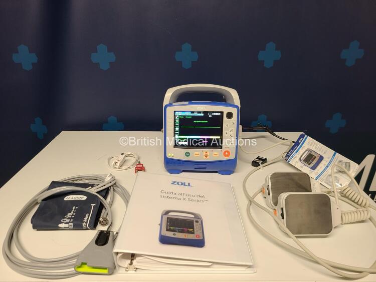 Zoll X Series Defibrillator / Monitor *Mfd - 2019* with Pacer, ECG, SPO2, NIBP, CO2, P1, P2, P3, T1, T2 and Printer Options, SPO2 Finger Sensor, NIBP Cuff and Hose, Paddle Lead, External Hard Paddles, 1 x Flat Battery and User Manual (Powers Up and Passes