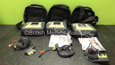 3 x Zoll AED PRO Defibrillators with 3 x Batteries with 3 x 3 Lead ECG Leads, 2 x Defibrillator Pads *1 In Date, 1 Expired* In 3 x Carry Bags (All Power Up) *SN AA11B019771, AA10C016628, AA13B027600*
