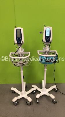 2 x Welch Allyn SPOT Vital Signs Monitors on Stands with SPO2 Finger Sensors (Both Power Up) *S/N 2120170703 / 200721634*