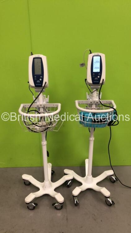 2 x Welch Allyn SPOT Vital Signs Monitors on Stands with SPO2 Finger Sensors (Both Power Up) *S/N 2120170703 / 200721634*