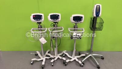 3 x Welch Allyn 53N00 Patient Monitors on Stands with 2 x Power Supplies and 1 x Welch Allyn Spot Vital Signs Monitor on Stand (All Power Up)