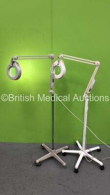 2 x Luxo Patient Examination Lamps on Stands (1 x Powers Up with Good Bulb - 1 x Missing Wheel)