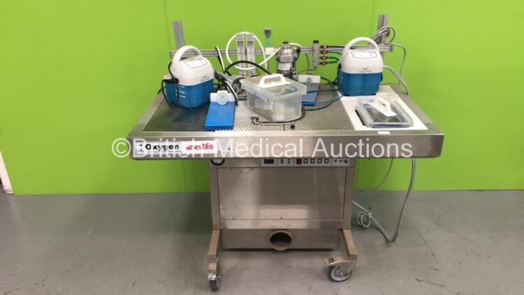 Oxygen Animal Operating Table with 2 x Gaymar T/Pump Suction Pumps, Mss Isoflurane Vaporizer and Accessories (Unable to Power Test Due to 3 Pin Power Supply)