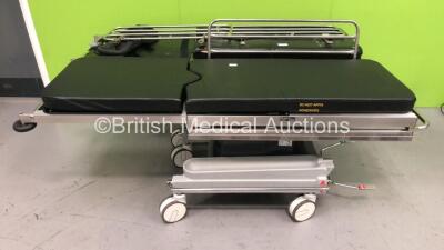 2 x Anetic Aid QA2 Hydraulic Patient Trolleys (1 x Missing Cushions / 2 x Faulty Side Rails)