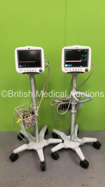 2 x GE DASH 4000 Patient Monitor on Stand with CO2, BP1, BP2, SPO2, Temp/Co NBP and ECG Options with Selection of Cables (Both Power Up)