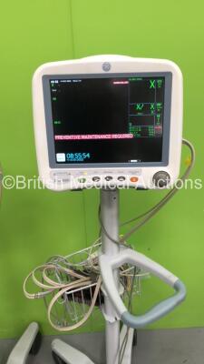 2 x GE DASH 4000 Patient Monitor on Stand with CO2, BP1, BP2, SPO2, Temp/Co NBP and ECG Options with Selection of Cables (Both Power Up) - 2