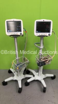 2 x GE DASH 4000 Patient Monitor on Stand with CO2, BP1, BP2, SPO2, Temp/Co NBP and ECG Options with Selection of Cables (Both Power Up)