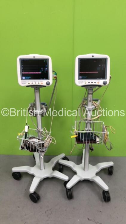 2 x GE DASH 4000 Patient Monitor on Stand with CO2, BP1, BP2, SPO2, Temp/Co NBP and ECG Options with Selection of Cables (Both Power Up)