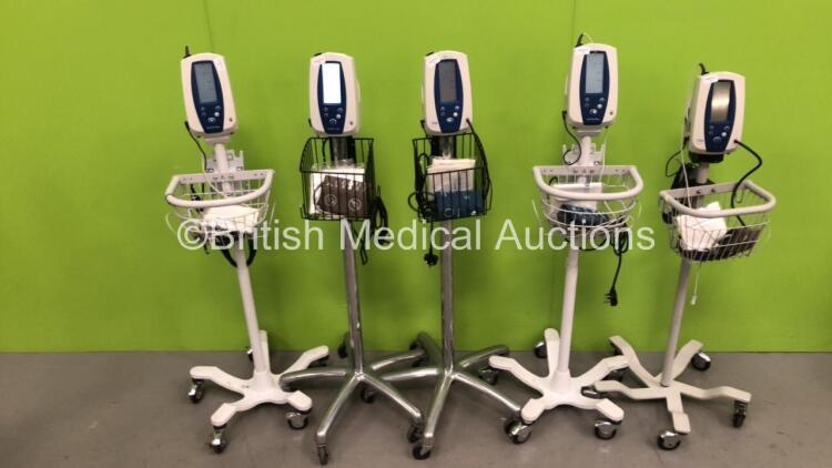 5 x Welch Allyn SPOT Vital Signs Monitors on Stands with Chargers and Some Leads (All Power Up)