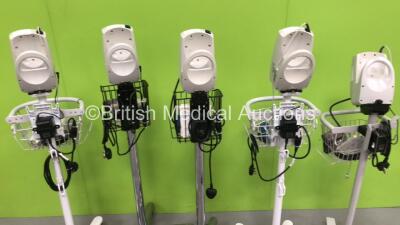 5 x Welch Allyn SPOT Vital Signs Monitors on Stands with Chargers and Some Leads (All Power Up) - 7