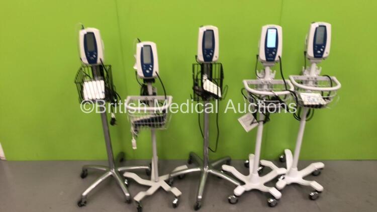 5 x Welch Allyn SPOT Vital Signs Monitors on Stands with Chargers and Some Leads (All Power Up)